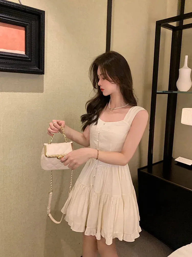 Y2k Aesthetic White Dress Women Korean Vintage Slip Princess Dresses Elegant Ruffle High Waist Tunic Vestidos
