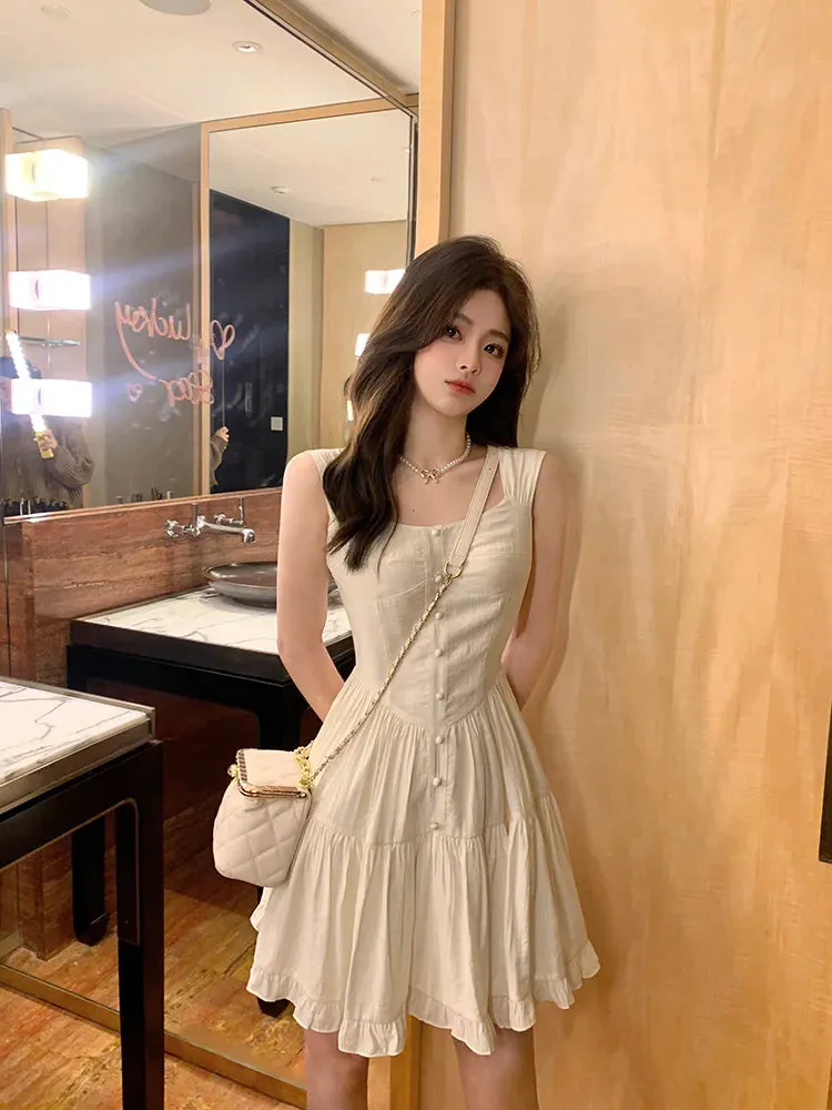Y2k Aesthetic White Dress Women Korean Vintage Slip Princess Dresses Elegant Ruffle High Waist Tunic Vestidos