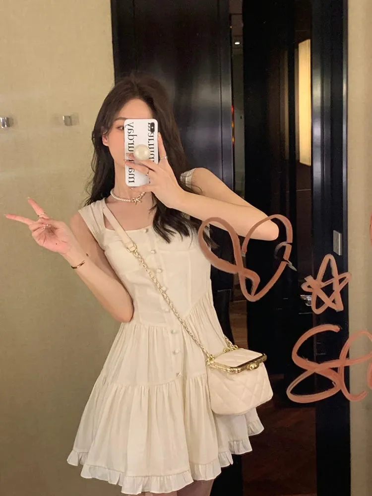 Y2k Aesthetic White Dress Women Korean Vintage Slip Princess Dresses Elegant Ruffle High Waist Tunic Vestidos