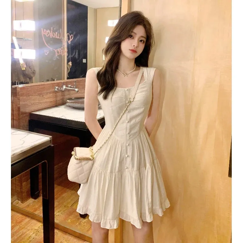 Y2k Aesthetic White Dress Women Korean Vintage Slip Princess Dresses Elegant Ruffle High Waist Tunic Vestidos