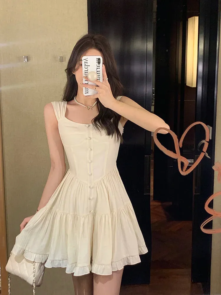 Y2k Aesthetic White Dress Women Korean Vintage Slip Princess Dresses Elegant Ruffle High Waist Tunic Vestidos
