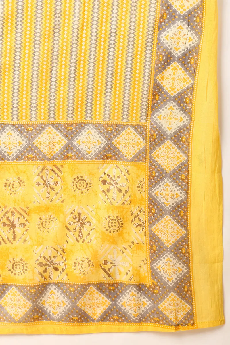 Yellow Pure Cotton Geometric Printed Yoke Design Suit Set