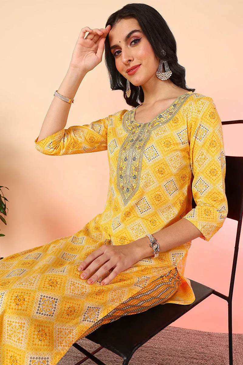 Yellow Pure Cotton Geometric Printed Yoke Design Suit Set