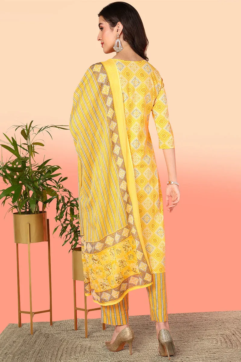 Yellow Pure Cotton Geometric Printed Yoke Design Suit Set